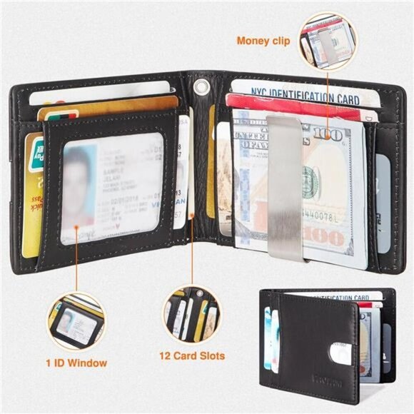 Genuine Leather Blocking Bifold Wallet RFID Protective Credit Card Holder - Picture 2 of 7